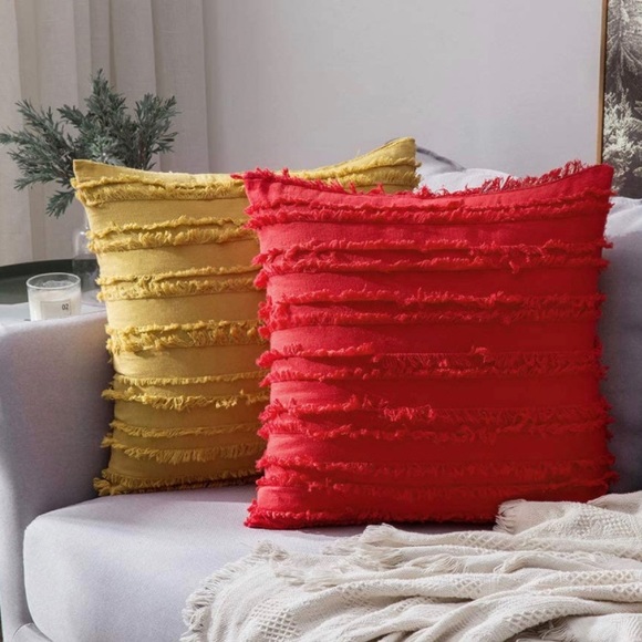 Luxury Home | Boho Rustic Mustard Frayed Edge Striped Jaquard Pillow Covers - Picture 3 of 6